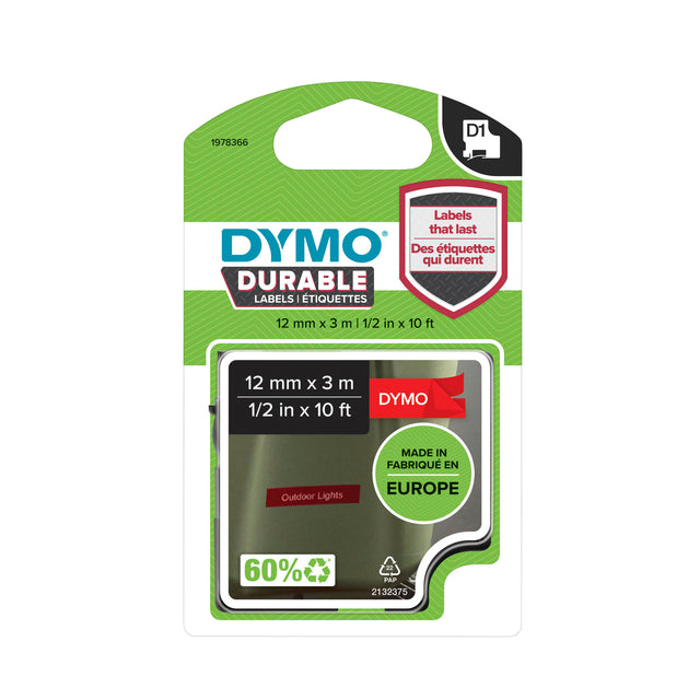 Dymo - Labele 1978366 12 mmx3m blanc sur rouge