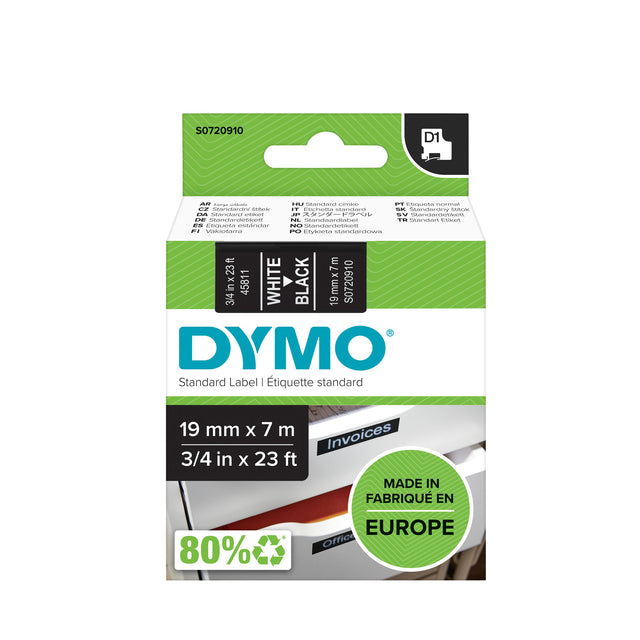 Dymo - D1 e 19 mm, wit op zwart