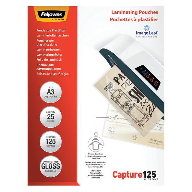 Fellowes - Capture de couverture de laminage125 ft A3, 250 micron (2 x 125 micron), paquet de 25 pièces