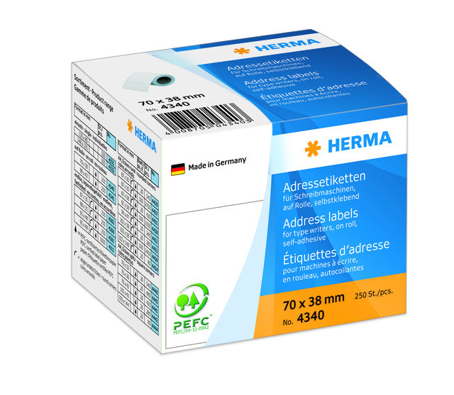 Herma - Adresse d'étiquette 4340 70x38mm sur rouleau blanc 250 pièces