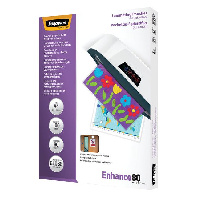 Fellowes - Couverture de laminage Enhanance80 auto-adhésif FT A4, 160 micron (2 x 80 microns), 100 pièces costumes