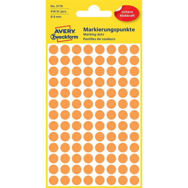 Avery Zweckform - Etiket az 3178 rond 8mm oranje 416 stuks