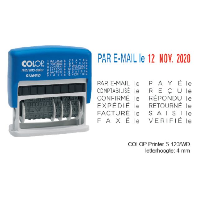 Colop - tekststempel met datum Mini-Info Dater woorden: par e-mail le, comptabilisé le, confirmé le, exp...