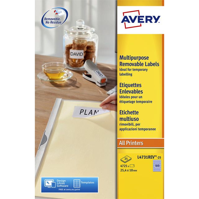 Avery Zweckform - L4743Rev -255 abnehmbare Etiketten ft 99,1 x 42,5 mm (B x H), 300 Etiketten, Weiß